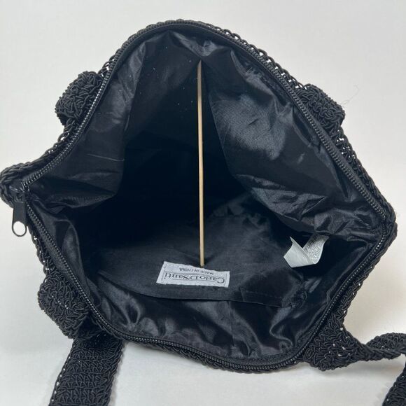 Vintage Y2K Black Boho Woven Knit Beachy Floral Cottagecore Sack Tote Bag Purse - Picture 4 of 6